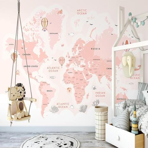Custom 3D Photo Wallpaper For Kids Room Pink Hot Air Balloon Sea World Map Children Room Bedroom Decoration Wall Mural Paintings