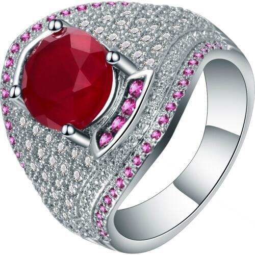 Luxury Micro Pave Cubic Zirconia Red Bead Design Big Ring White Gold Filled Exaggerated Wedding Bands Finger Ring For Women