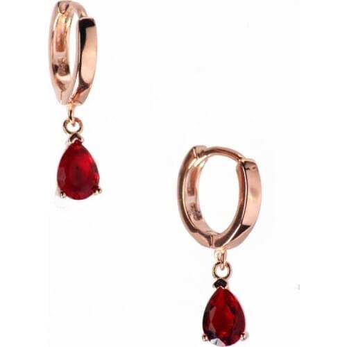 Rose Gold 925 Sterling Earrings Drop Shaped with Red Zircon Stone