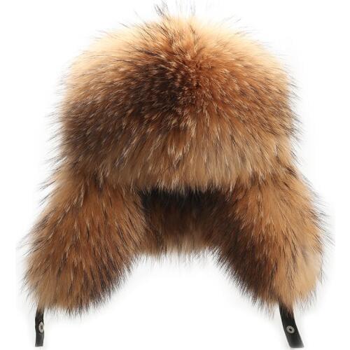 Russian leather bomber leather hat men winter hats with earmuffs trapper earflap cap man real raccoon fur black fox hatska