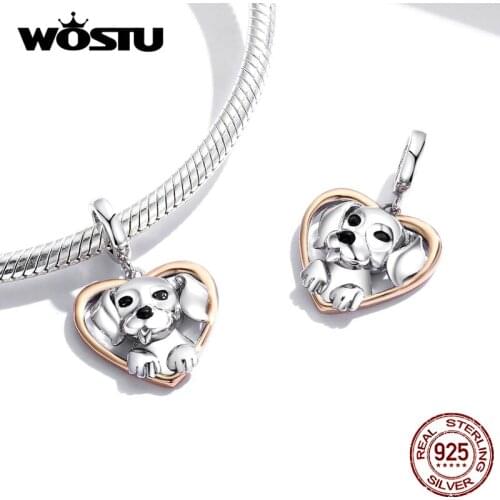 WOSTU New Cute Puppy 925 Sterling Silver Retro Vintage Charms for Original silver Bracelet Necklace Jewelry Making DIY DXC1611
