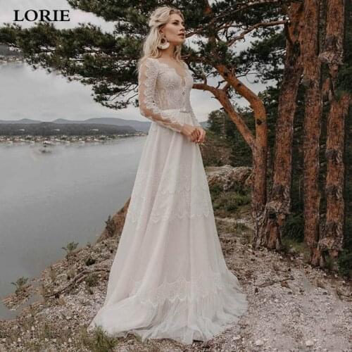 LORIE Bohemian Wedding Dresses 2020 Long Sleeve A Line Lace Appliques Wedding Gowns With Romantic Buttons Beach Bridal Gowns