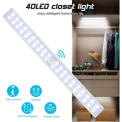 LED Cabinet Light PIR Motion Sensor Lamp 40 LEDs for Wardrobe Closet Kitchen Lighting Night Light USB Charging