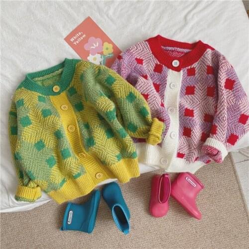 2021 new style girls boys patchwork knitted sweater cotton autumn fashion girls cardigan kids clothes 1-6 years