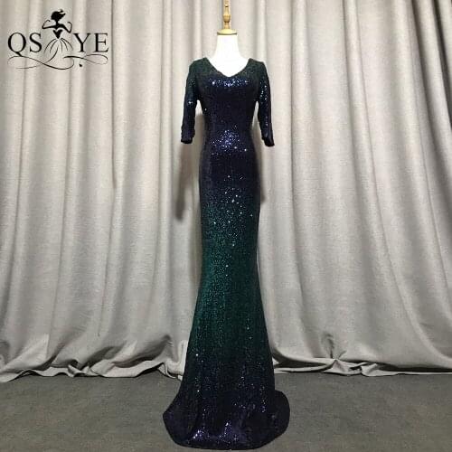 QSYYE Green Evening Dress Long Sleeves Glitter Mermaid Evening Gowns Sexy V Neck Party Dress Sequined Tail Elegant Formal Dress