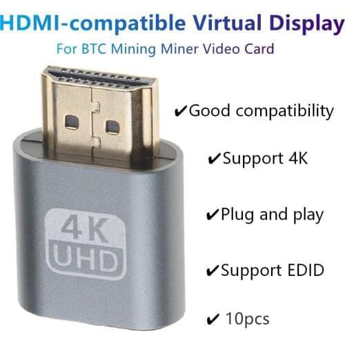 10pcs VGA HDMI-compatible Dummy Plug Virtual Display Emulator Adapter Support 1920x1080 DDC Edid For Video Card BTC Mining Miner