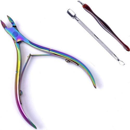 3Pcs Nail Cuticle Pusher Tweezer Stainless Steel Gradient Rainbow Cutter Nipper Clipper Dead Skin Remover Manicure Nail Art Tool