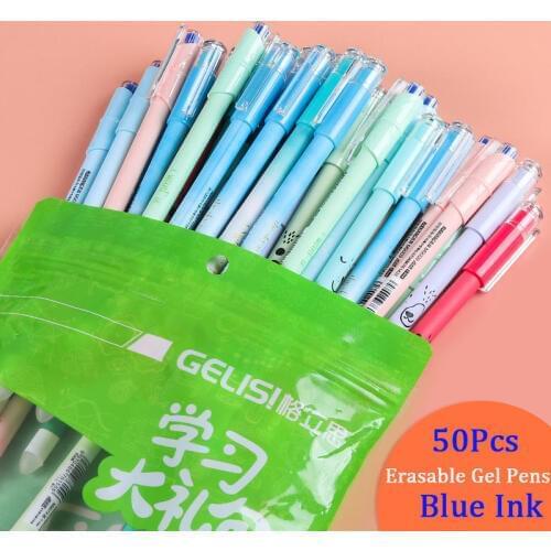50pcs/pack RUIXIANG Erasable Gel Pens Korean Kawaii Stationery 0.5mm Needle Tip Blue Ink Neutral Pen for Student School Supplies