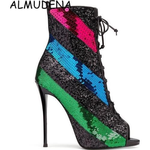 Bling Bling Sequined Cross Tied Open Top Thin High Heel Ankle Boots Sexy Shining Party Sandal Boots