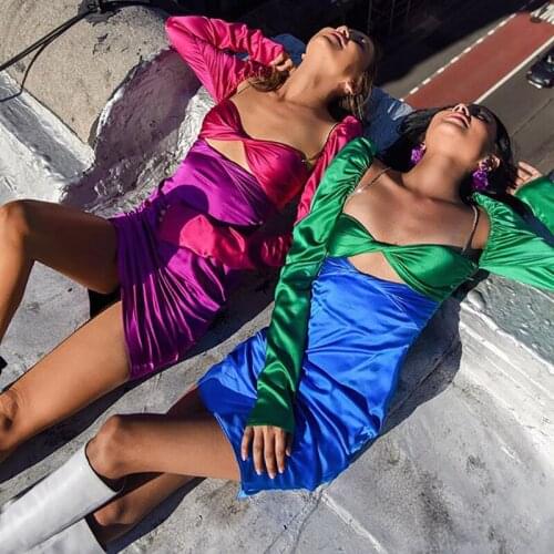 Elegant Satin Dress Sexy Women Long Sleeve Hollow Out Fashion Dress Patchwork Bodycon Sundress 2020 Evening Party Dresses