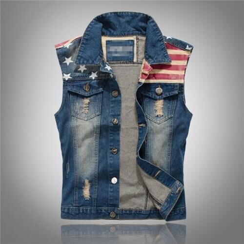 FALIZA Mens Vest Jacket Pleated Design Denim Vest America Flag Blue Waistcoat Sleeveless Jeans Jackets Hip Hop Jean Coats MJ102