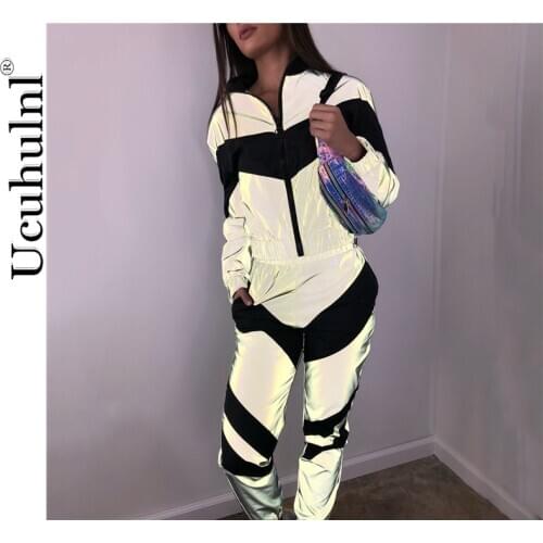 ReflectiveTracksuits 2 Piece Set Women Zipper Crop Top Pants Fashion Female Female Loose Shine Jacket Coat Trouser Plus Size