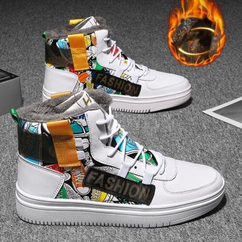 Fashion Graffiti Print White Winter Shoes Men Sneakers High top Warm Fur Shoes for Couples Comfort Platform Casual Sneakers Men