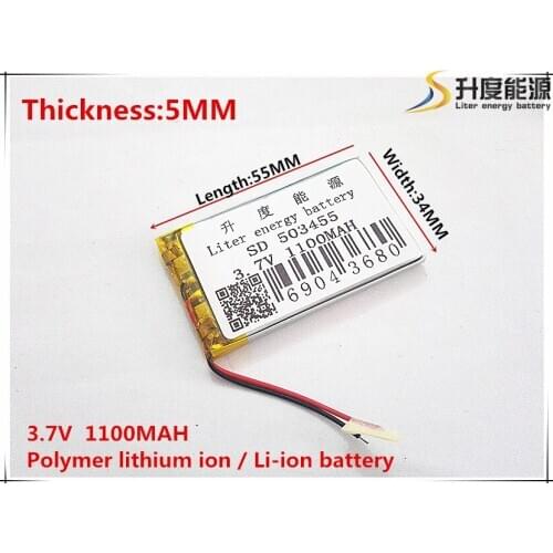 3.7V 1100mAh 503455 Lithium Polymer Li-Po li ion Rechargeable Battery cells For Mp3 MP4 MP5 GPS mobile bluetooth