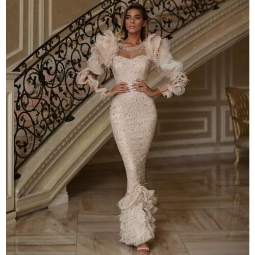 Sweet Sheer Neck Evening Dress Long Butterfly Sleeve Formal Party Gowns Abendkleider Beading Feather Mermaid Prom Dresses