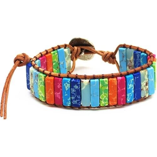 Fashion Geometrical Color Emperor Wang Shi Hand-woven Cowhide Rope Bracelet 8 Colors for Your Choice Natural Semi-precious Stone