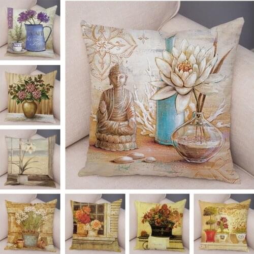 Soft Plush Vintage Flowers Bonsai Cushion Cover for Sofa Home Car Decor Hand Painted Plant Floral Pillow Case Pillowcase 45x45cm