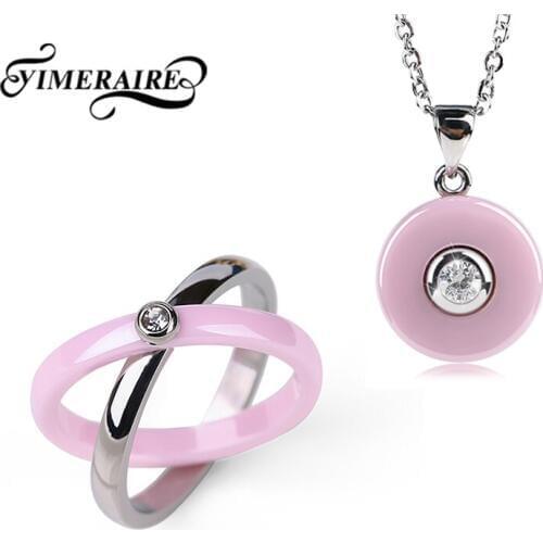 Romantic Pink Ceramic Silver Steel Jewelry Set Double Cross Circle Ring Round Crystal Pendant Necklace For Women Fashion Jewelry