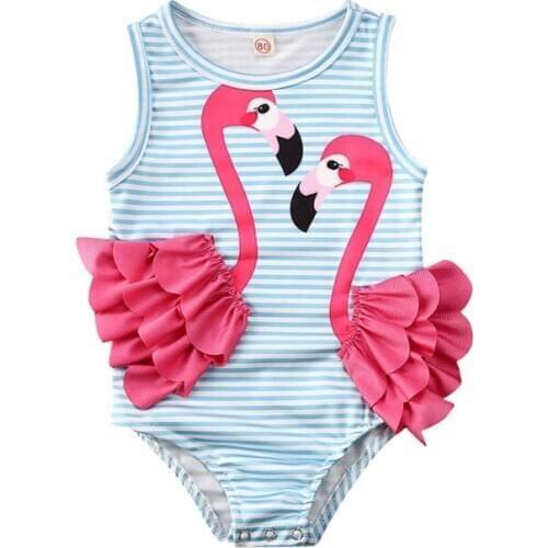 2021 New Summer Toddler Kids Baby Girl Flamingo Bikini Swimwear One-Piece Swimsuit Striped Bathing Suit Swimming Costumes 0-3T