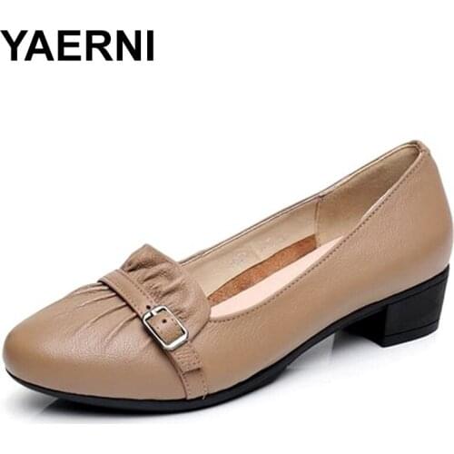 YAERNI 2019 NEW WOMEN SHOES WOMEN GENUINE LEATHER OFFICE SHOES MIDDLE HEEL SOFT COMFORTABLE MATHER SHOESE778