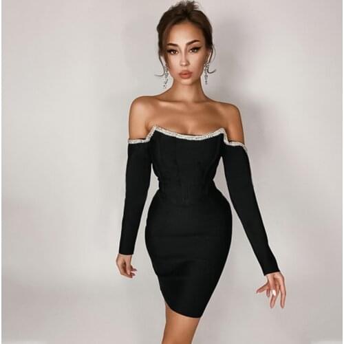 New Arrival Women Black Mini Crystal Sexy Off Shoulder Long Sleeves Night Club Party Bandage Dress