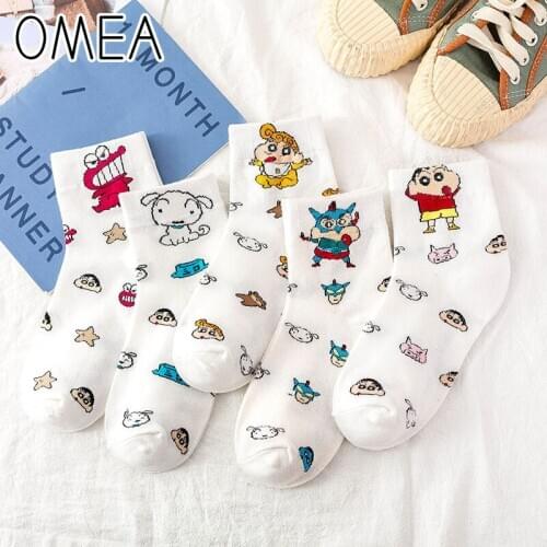 OMEA Women Cartoon Socks 5 Pairs Cotton Crayon Lovely Adult Socks Japanese Stylish Funny Socks White Kawaii Harajuku Style Short