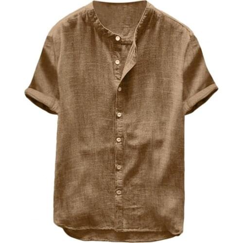 Fashion Male Short Sleeve Beach Shirt Stand Collar Men Solid Color Casual Thin Shirt Streetwear Loose camisa masculina