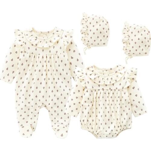 Spring Summer New Printing Long Sleeve Cotton Infant Newborn Baby Girls Bodysuit Jumpsuit Clothes with Hat