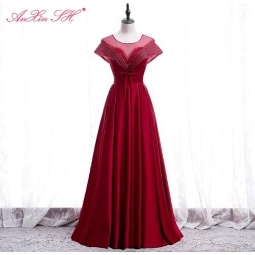 AnXin SH princess wine red satin evening dress vintage party o neck short sleeve ruffles a line bow bride lace up evening dress