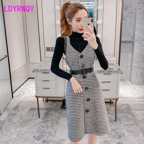 2021 new autumn and winter models Korean version of the houndstooth suit skirt Button Fly Knee-Length Regular Turtleneck