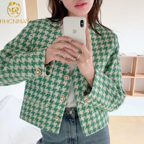 2021 New Korean Casual Plaid Women Jackets Loose V-neck Single Breasted Fashion Houndstooth Fall Jackets Fashion Ladies Coats