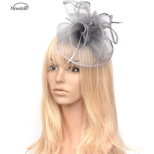 Gray Color Ladies Women Feather Mesh Fascinator Hats Ascot Cocktail Party Hair Clip Headdress Hairpiece Hoop Headwear Accessory