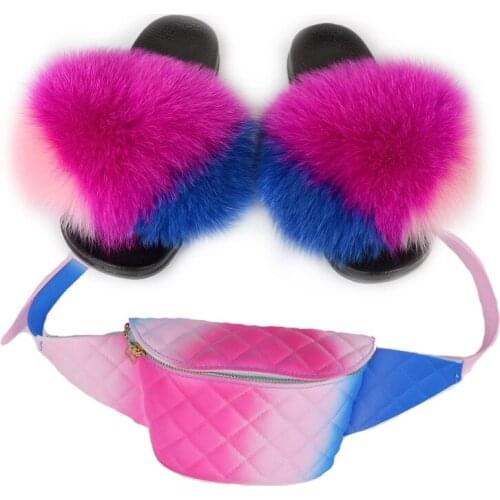 Women Fur Slippers Set Female Fluffy Real Fox Hair Slides Furry Casual Sandals Ladies Rainbow Jelly Wallet Travel Shoes Bag Set