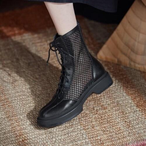 QZYERAI Summer European Genuine Leather Women Network Boots Ankle Round Head Sexy Cattle Leather Boots Non-slip Soles Shoes