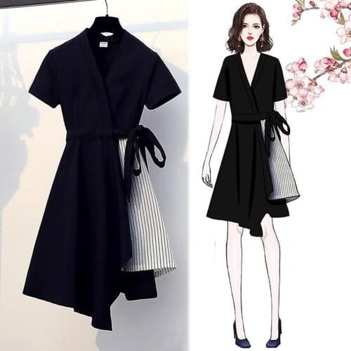 Fashion Women V Neck Stripes Patchwork Irregular Hem Waist Bandage A-line Dress