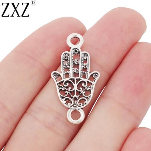 ZXZ 10pcs Tibetan Silver Hamsa Hand Connector Charms for Bracelet Jewelry Making Findings 32x17mm