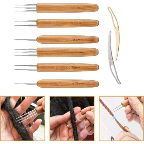 8PCS Crochet Hook For Dreadlocks Wig Needle 1/2/3 Hooks Needle Hair Extension Tool Braider 0.5Mm/0.75Mm Bamboo Needle Holder