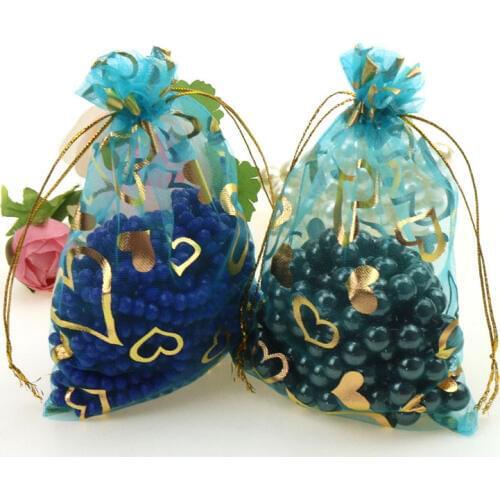 9x12cm Bronzing Organza Lake Blue Jewelry Bags And Packaging Cheap Organza Pouches Convenient Bag 100pcs/lot