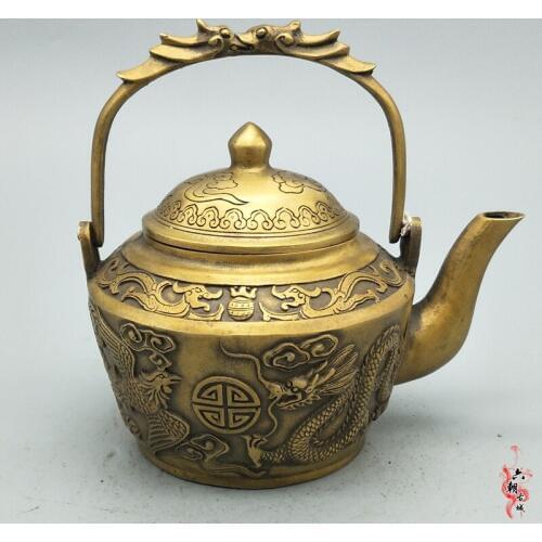 Antique QingDynasty copper bottle, carved pattern Dragon and Phoenix pot,Hand-painted crafts,Decoration,collection &Adornment