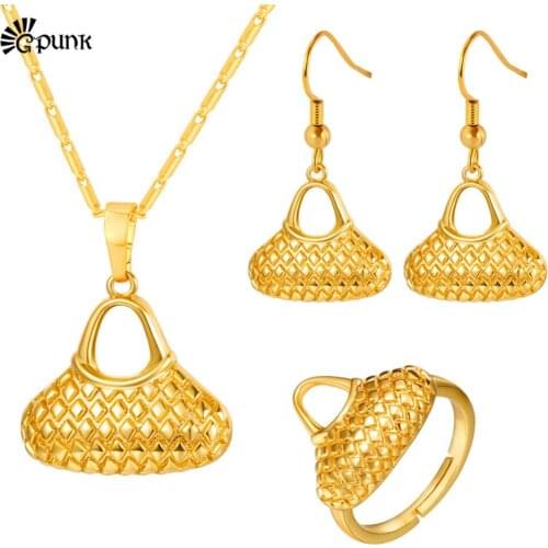 Bilum Bag Jewelry Set for Women Gold Color Necklace Earrings Ring 3 Pcs PNG Papua New Guinea Girl Gift