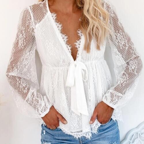 Sexy Women Lace Blouses Shirts Solid Color Embroidery Stitching Long Sleeve V Neck Blouse Ladies Elegant Lace Tops femme blousas