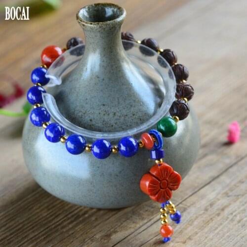 925 sterling silver bracelet hand-inlaid natural leaflet rosewood Thai silver bracelet