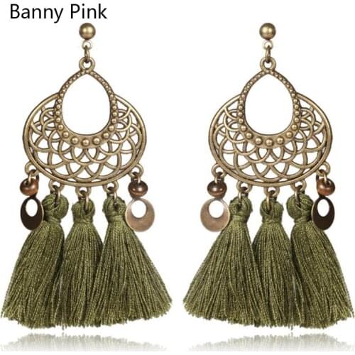 Ethnic Cotton Tassel Pendant Studs Earrings For Women Vintage Hollow Alloy Pendant Post Earrings Fashion Jewelry Pendientes
