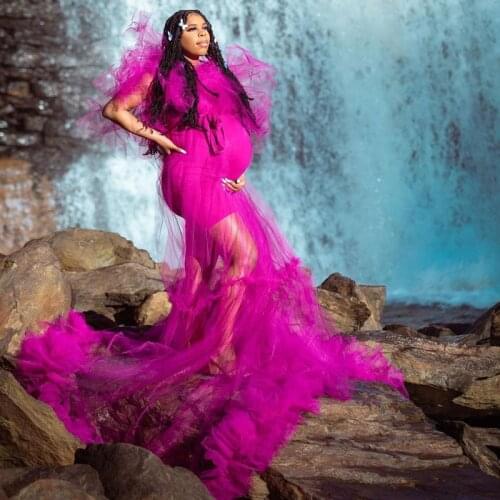 Fuchsia See Through Tulle Maternity Dresses for Photography Sheer Pregnant Woman Dress Tulle Robes Hot Pink Dress Without Body