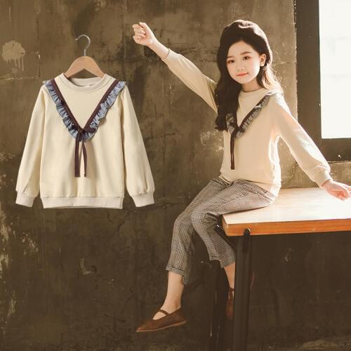 Girls Long Sleeve Ruffles Spliced T-shirt Spring Fall Teenager Kids Cotton Tops Clothes Childrens Cartoon Sweatshirt 6-13Y B236