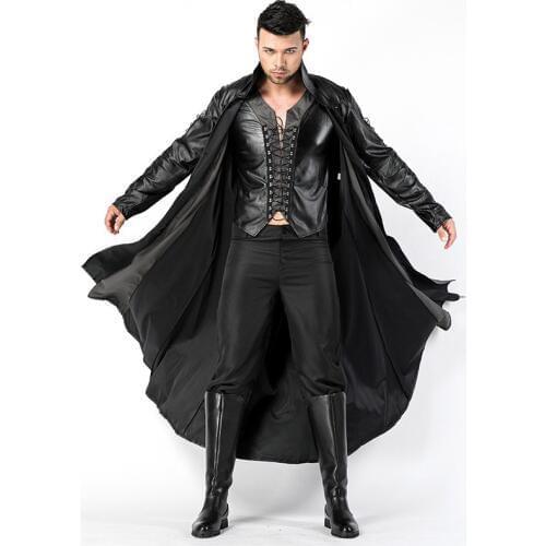 Halloween Costume Gothic Black Faux Leather Adult Vampire Movie Cosplay for Men Scary Zombie Costume Masquerade Party Clothing