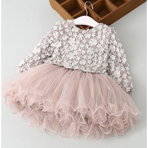 FOCUSNORM Princess Baby Girls Party Dress Flowers Print Long Sleeve Lace Knee Length Tutu Autumn Dress