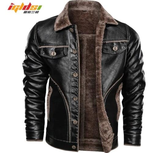 Faux Leather Jacket Mens Winter Thick Fur Jackets Male PU Fleece Outwear Coat Zipper Man Lapel Retro Clothing Plus Size 7XL 8XL