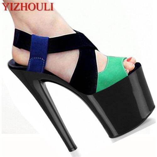8 inch Vogue women T-stage Dancing High Heel Sandals party wedding shoes 20cm color block shoes sexy dress shoes