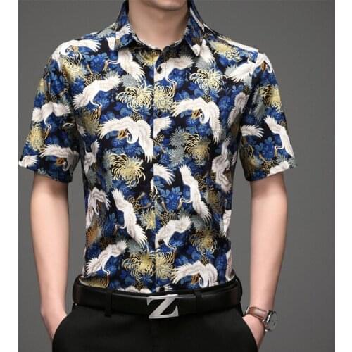Floral Shirt With Printed Clothes For Men Fashion Oversize Blue Japanese Crane Hawaiian Big Size Summer Mens Shirts 2021 Stylish